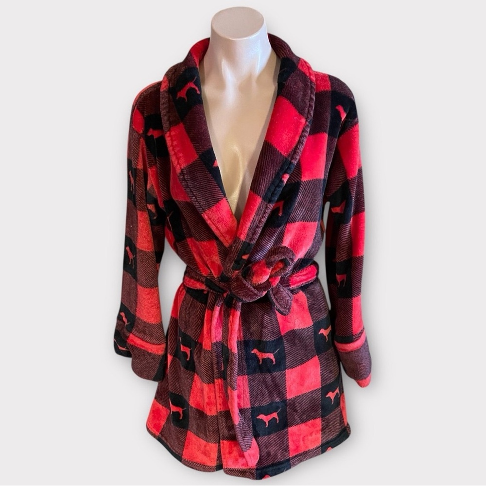 VS PINK Cozy Plush Short Robe Red & Black Buffalo Plaid Dog Logo XS/S